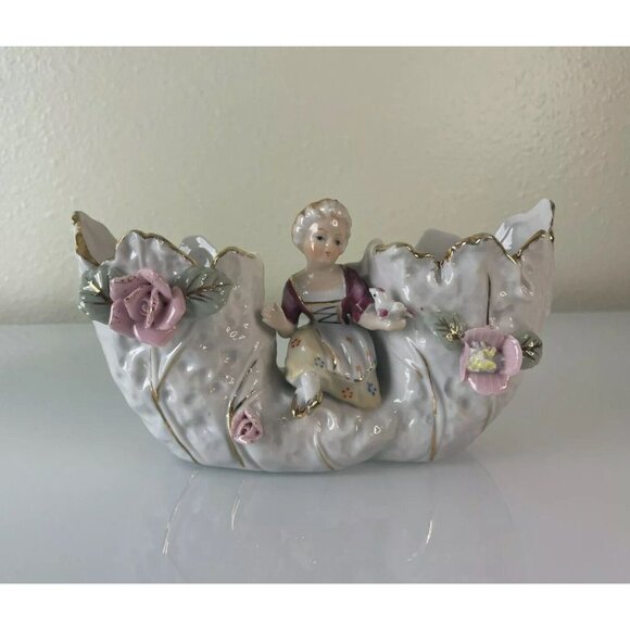 Vintage Bond Ware Double Planter, Lady Holding Bird, Ceramic, Home Decor - Picture 2 of 12